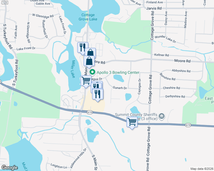 map of restaurants, bars, coffee shops, grocery stores, and more near 136 Gunarh Drive in Akron