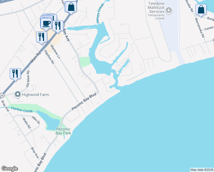 map of restaurants, bars, coffee shops, grocery stores, and more near 160 Sailors Needle Lane in Mattituck