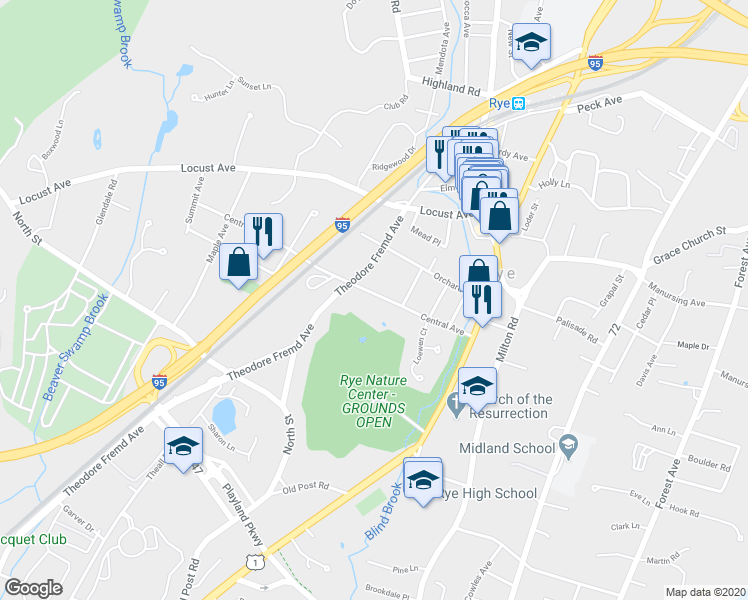 map of restaurants, bars, coffee shops, grocery stores, and more near 93 Central Avenue in Rye