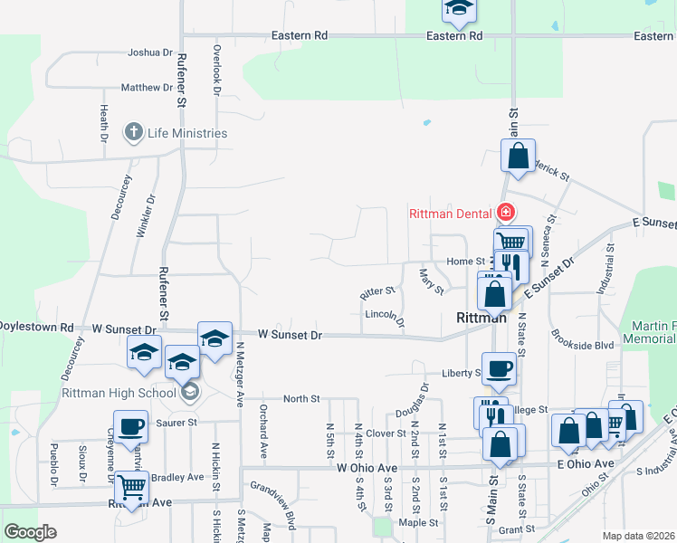 map of restaurants, bars, coffee shops, grocery stores, and more near 202 Home Street in Rittman