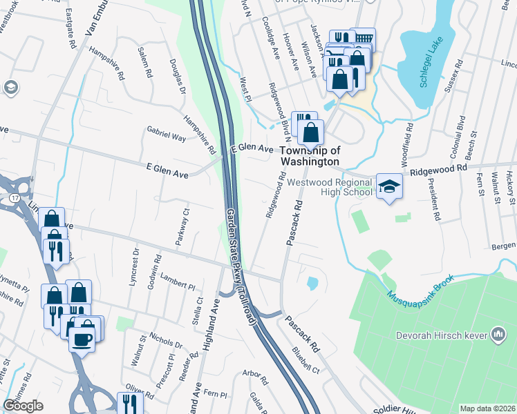 map of restaurants, bars, coffee shops, grocery stores, and more near 100 Ridgewood Road in Township of Washington