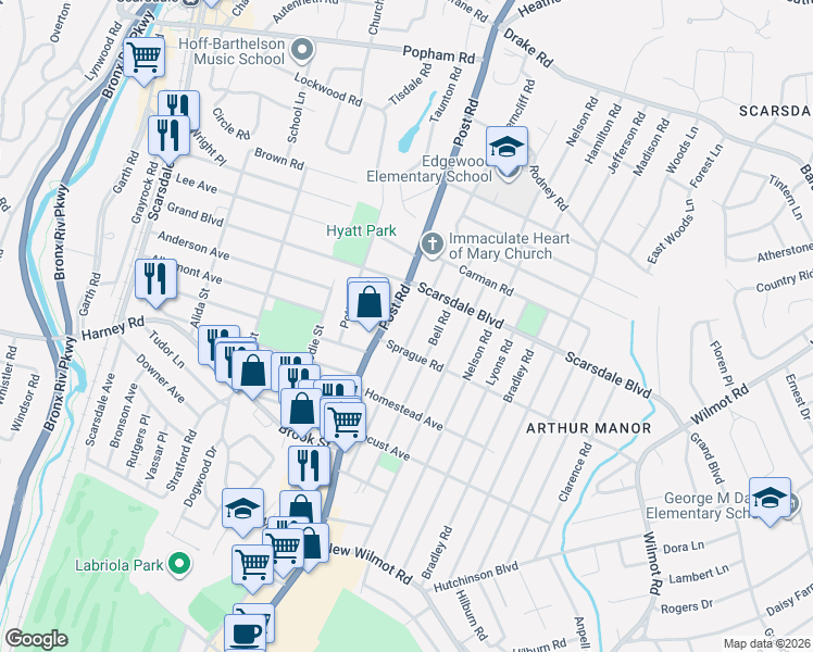 map of restaurants, bars, coffee shops, grocery stores, and more near 171 Gaylor Road in Scarsdale