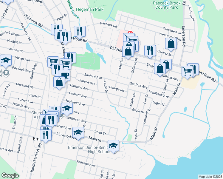 map of restaurants, bars, coffee shops, grocery stores, and more near 20 George Road in Emerson