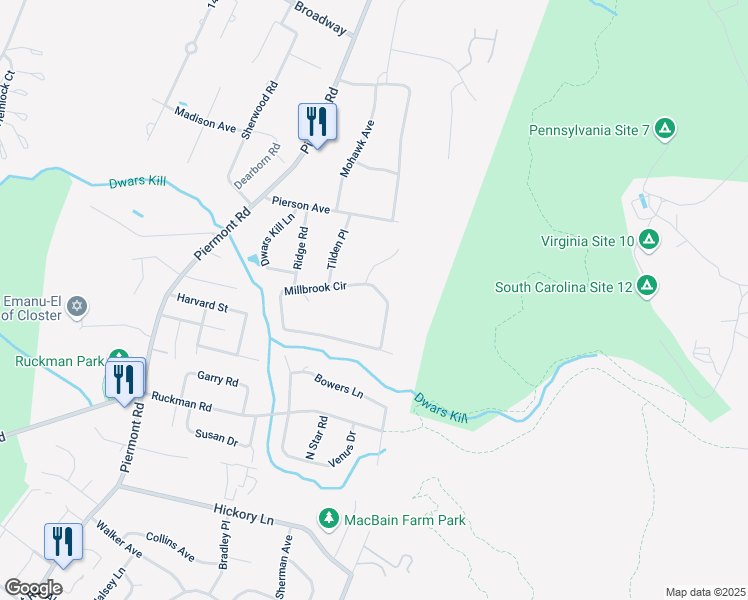 map of restaurants, bars, coffee shops, grocery stores, and more near 126 Millbrook Circle in Norwood