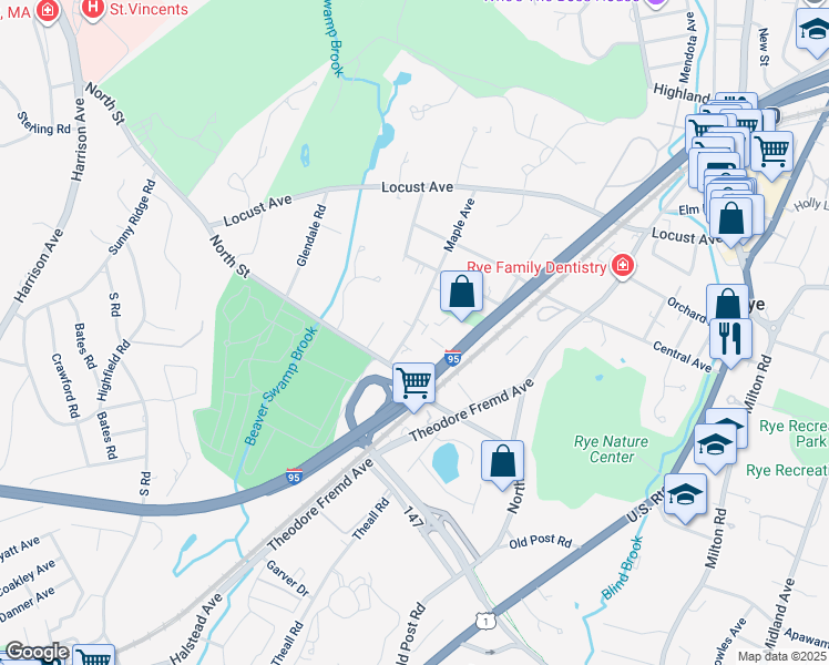 map of restaurants, bars, coffee shops, grocery stores, and more near 119A Maple Avenue in Rye