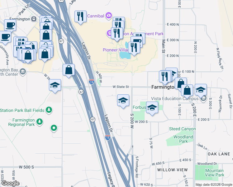 map of restaurants, bars, coffee shops, grocery stores, and more near 47 South 300 West in Farmington