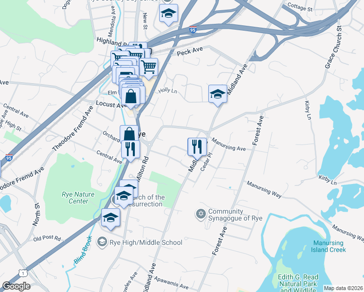 map of restaurants, bars, coffee shops, grocery stores, and more near 64 Grapal Street in Rye