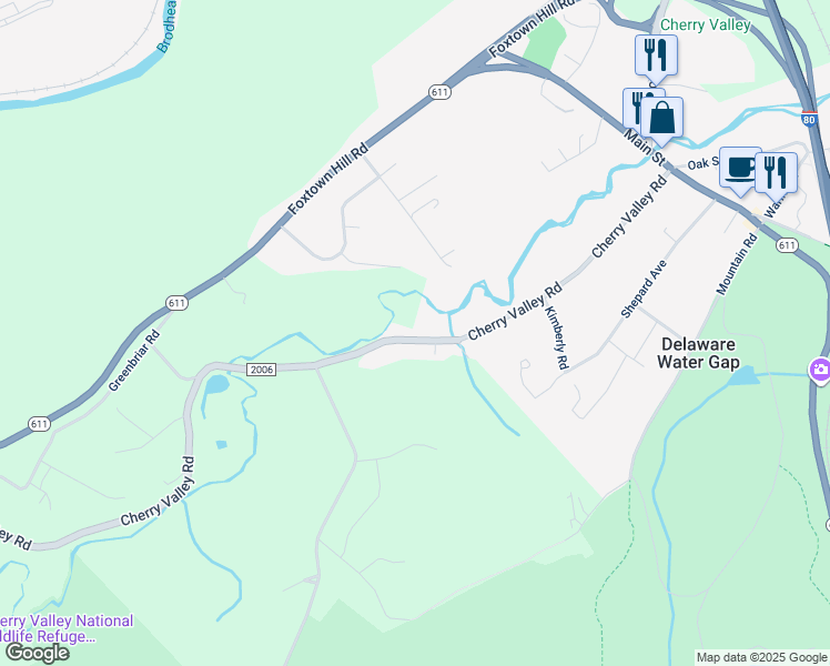 map of restaurants, bars, coffee shops, grocery stores, and more near 7599 Cherry Valley Road in Stroudsburg