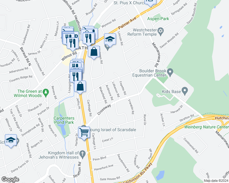 map of restaurants, bars, coffee shops, grocery stores, and more near 8 Lebanon Road in Scarsdale