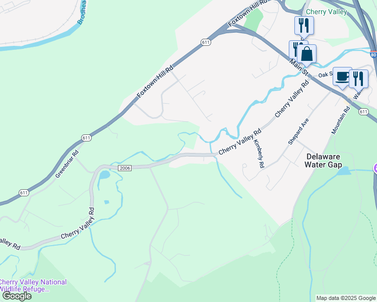 map of restaurants, bars, coffee shops, grocery stores, and more near 7591 Cherry Valley Road in Stroudsburg