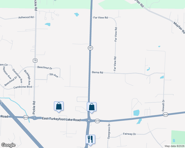 map of restaurants, bars, coffee shops, grocery stores, and more near 1644 Berna Road in Akron