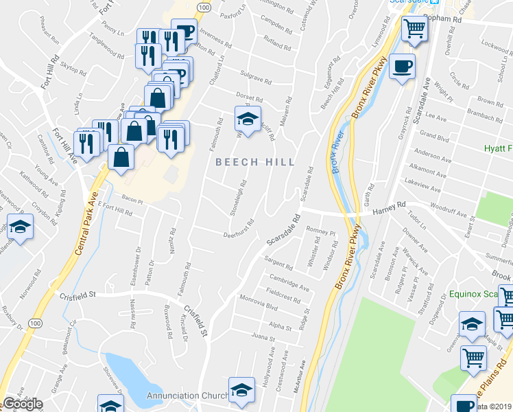 map of restaurants, bars, coffee shops, grocery stores, and more near 117 Deerhurst Road in Scarsdale