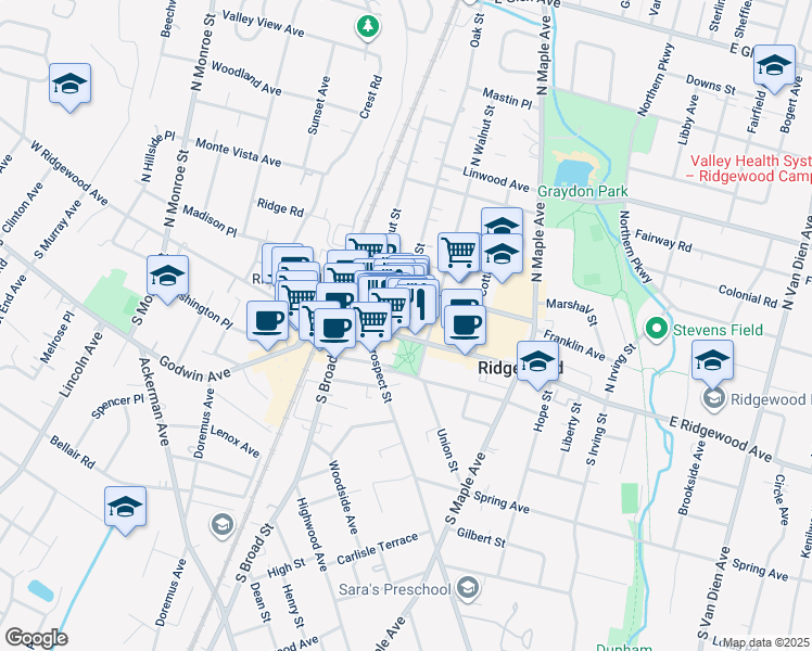 map of restaurants, bars, coffee shops, grocery stores, and more near 16 Oak Street in Ridgewood