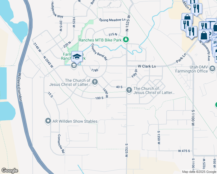 map of restaurants, bars, coffee shops, grocery stores, and more near 1687 Saddlehorn Circle South in Farmington