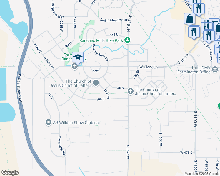 map of restaurants, bars, coffee shops, grocery stores, and more near 1687 Saddlehorn Circle South in Farmington