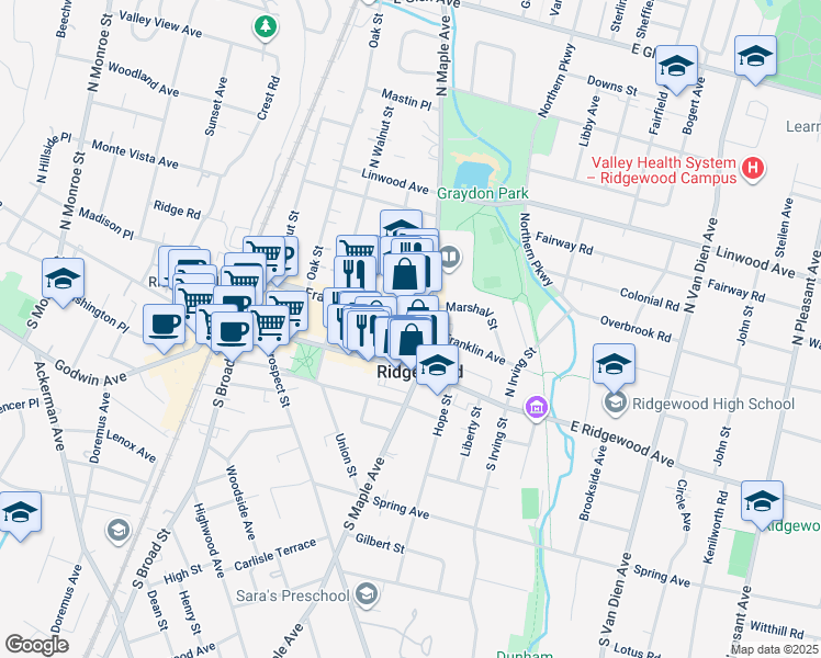 map of restaurants, bars, coffee shops, grocery stores, and more near 232 Franklin Avenue in Ridgewood