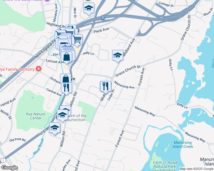 map of restaurants, bars, coffee shops, grocery stores, and more near 401 Midland Avenue in Rye