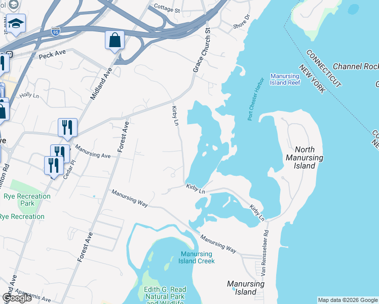 map of restaurants, bars, coffee shops, grocery stores, and more near 13 Kirby Lane in Rye