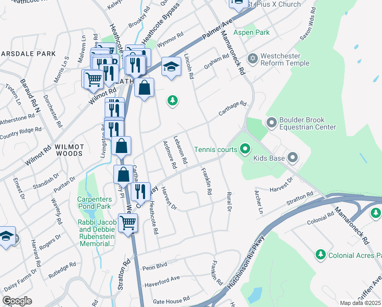 map of restaurants, bars, coffee shops, grocery stores, and more near 64 Fayette Road in Scarsdale