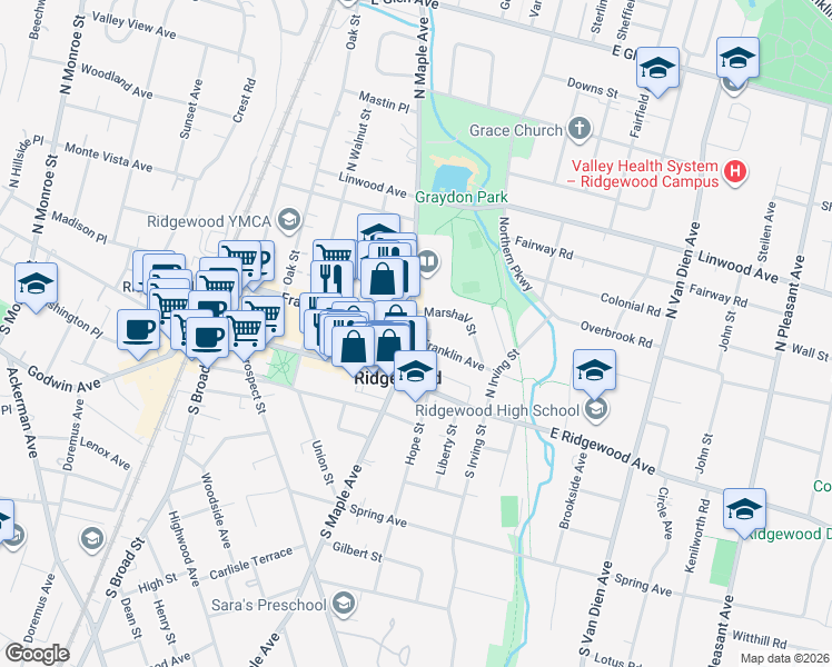 map of restaurants, bars, coffee shops, grocery stores, and more near 61 North Maple Avenue in Ridgewood