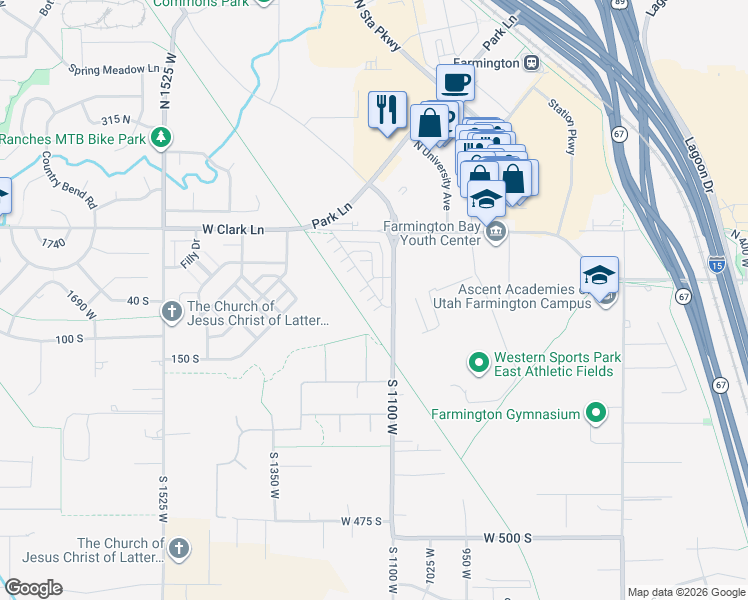 map of restaurants, bars, coffee shops, grocery stores, and more near 28 Rio Grande Avenue in Farmington