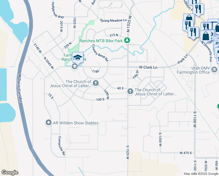 map of restaurants, bars, coffee shops, grocery stores, and more near 1687 Saddlehorn Circle South in Farmington