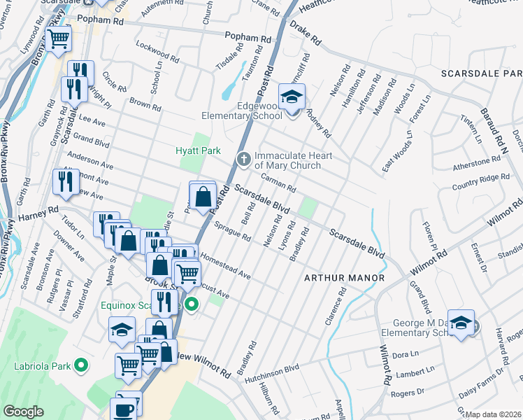 map of restaurants, bars, coffee shops, grocery stores, and more near 178 Bell Road in Scarsdale