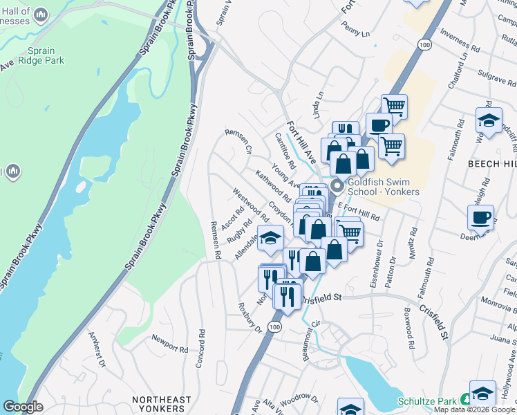 map of restaurants, bars, coffee shops, grocery stores, and more near 63 Westwood Road in Yonkers