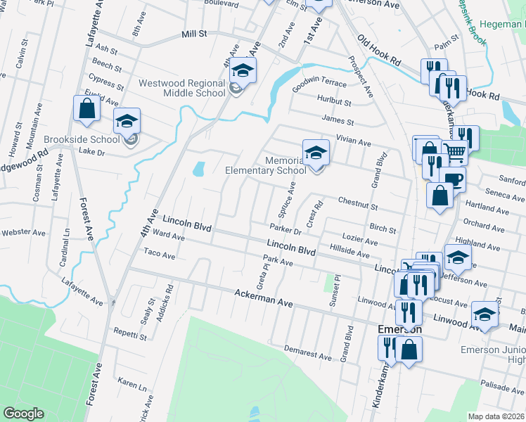 map of restaurants, bars, coffee shops, grocery stores, and more near 21 Valley Brook Drive in Emerson