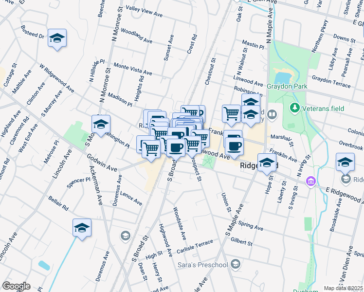map of restaurants, bars, coffee shops, grocery stores, and more near 70 East Ridgewood Avenue in Ridgewood