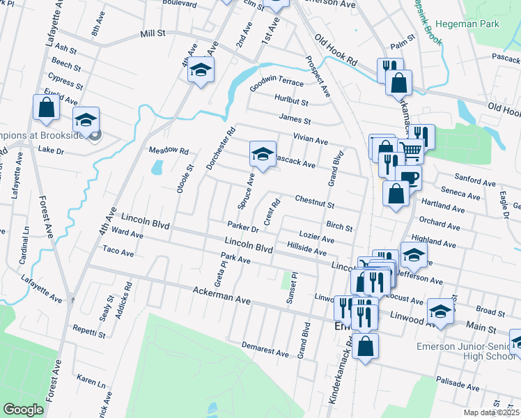 map of restaurants, bars, coffee shops, grocery stores, and more near 27 Overlook Ave in Emerson