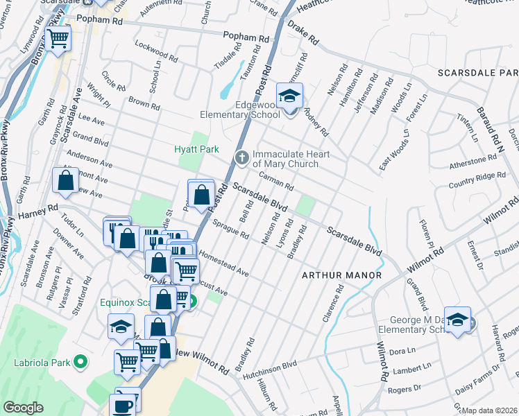 map of restaurants, bars, coffee shops, grocery stores, and more near 178 Bell Road in Scarsdale