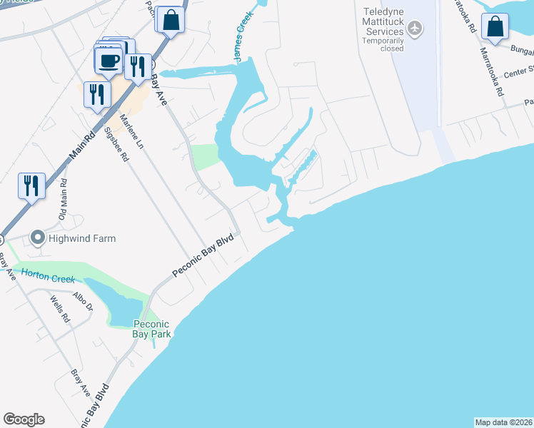 map of restaurants, bars, coffee shops, grocery stores, and more near 160 Sailors Needle Ln in Mattituck
