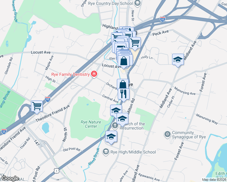 map of restaurants, bars, coffee shops, grocery stores, and more near 4 Walnut Street in Rye