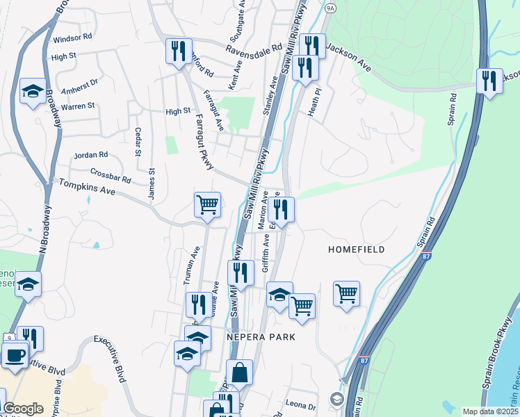 map of restaurants, bars, coffee shops, grocery stores, and more near 31 Marion Avenue in Yonkers
