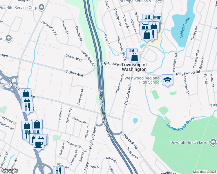 map of restaurants, bars, coffee shops, grocery stores, and more near 100 Ridgewood Road in Township of Washington