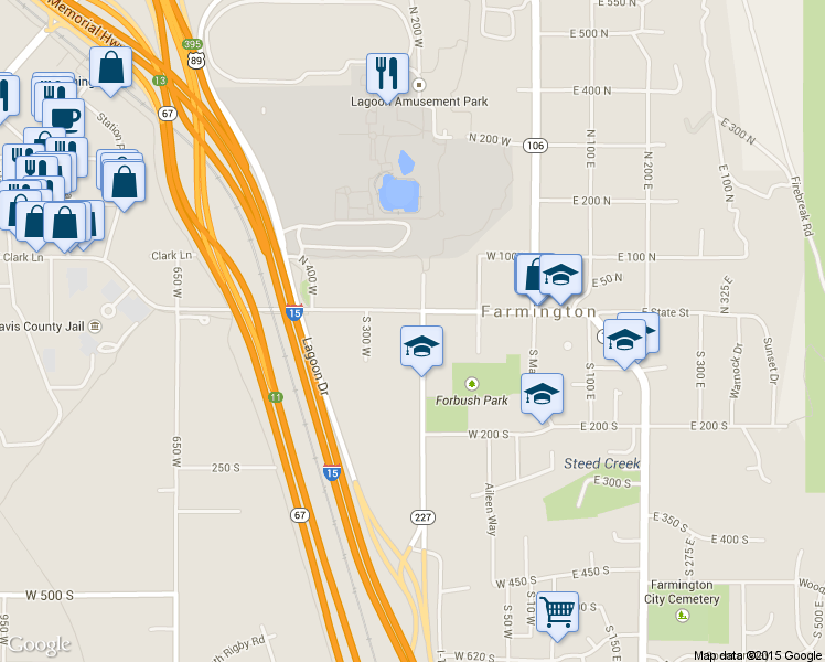 map of restaurants, bars, coffee shops, grocery stores, and more near 36 South 200 West in Farmington
