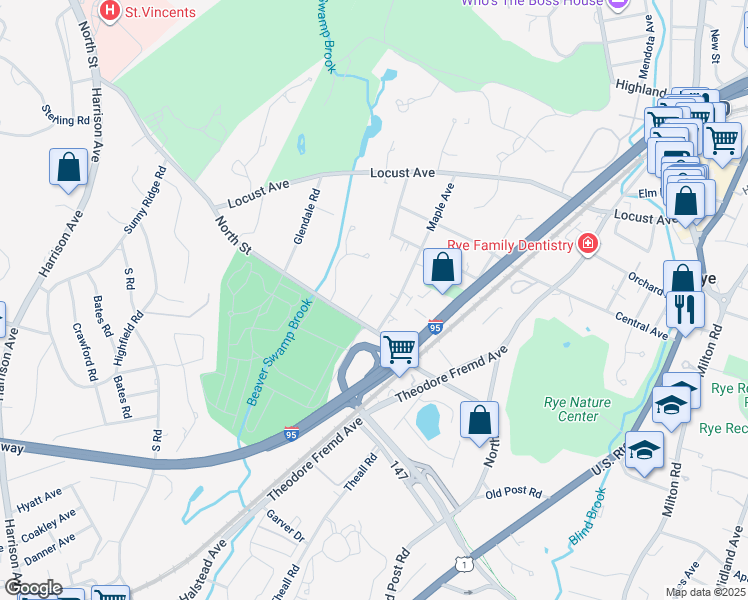 map of restaurants, bars, coffee shops, grocery stores, and more near 14 Summit Avenue in Rye
