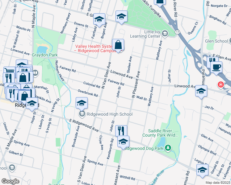 map of restaurants, bars, coffee shops, grocery stores, and more near 130 John Street in Ridgewood