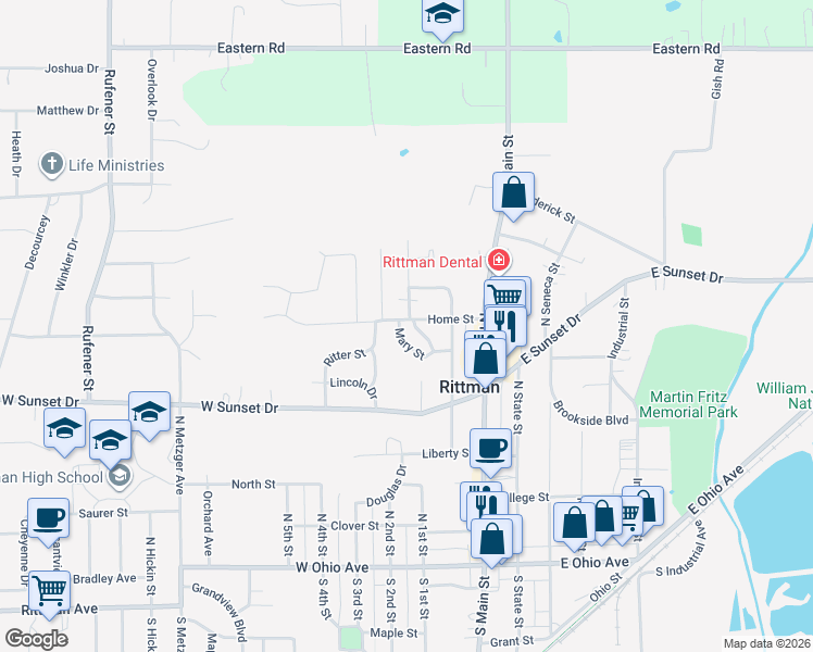 map of restaurants, bars, coffee shops, grocery stores, and more near 88 Home Street in Rittman