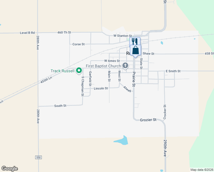 map of restaurants, bars, coffee shops, grocery stores, and more near 415 Main Street in Russell