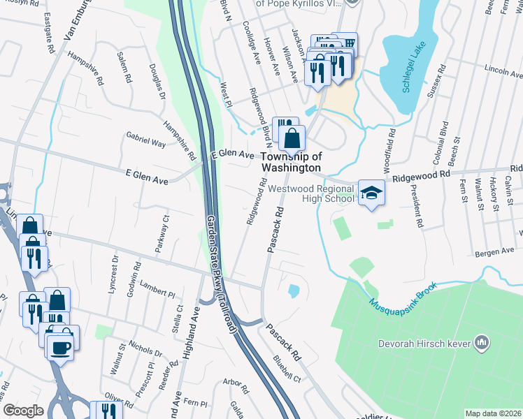 map of restaurants, bars, coffee shops, grocery stores, and more near 103 Ridgewood Road in Township of Washington