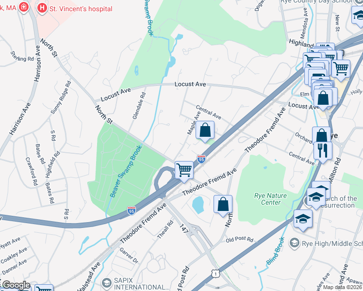 map of restaurants, bars, coffee shops, grocery stores, and more near 119A Maple Avenue in Rye