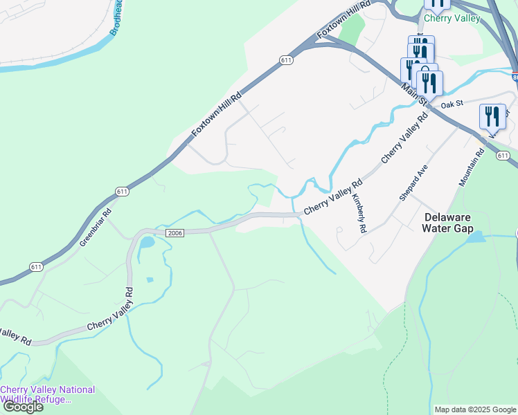 map of restaurants, bars, coffee shops, grocery stores, and more near 7591 Cherry Valley Road in Stroudsburg