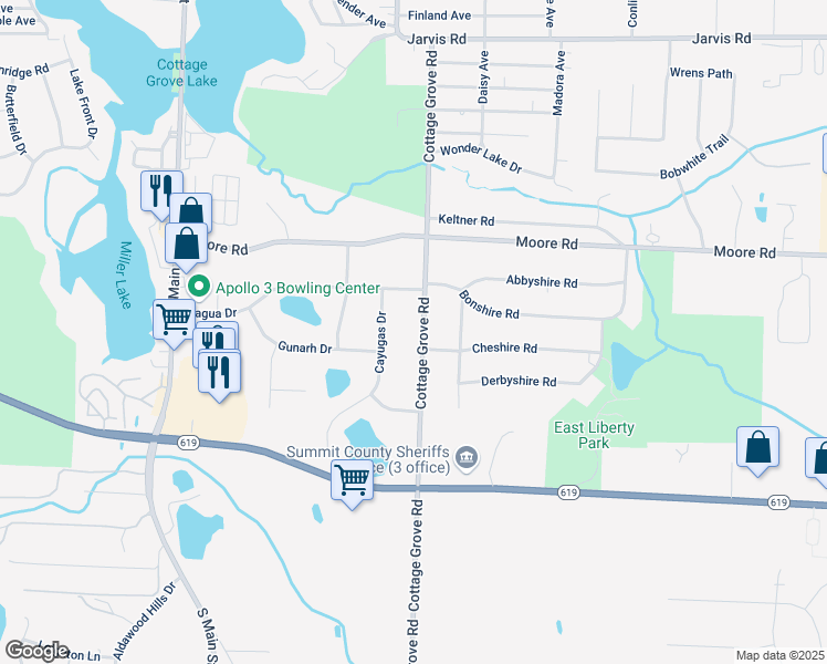 map of restaurants, bars, coffee shops, grocery stores, and more near 3740-3742 Cottage Grove Road in Akron