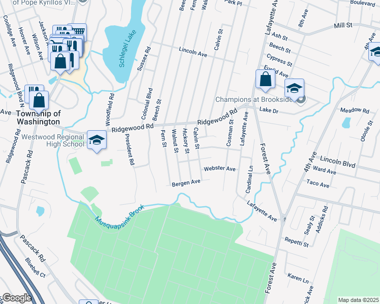 map of restaurants, bars, coffee shops, grocery stores, and more near 155 Hickory Street in Township of Washington
