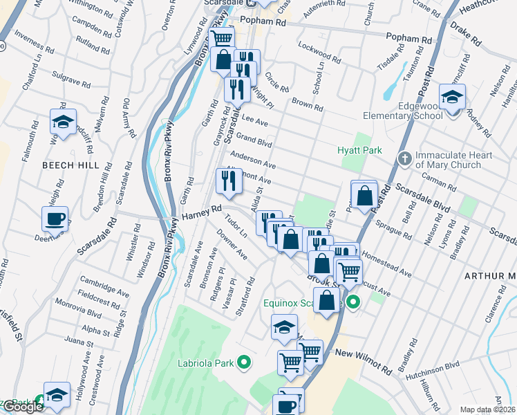 map of restaurants, bars, coffee shops, grocery stores, and more near 22 Alida Street in Scarsdale