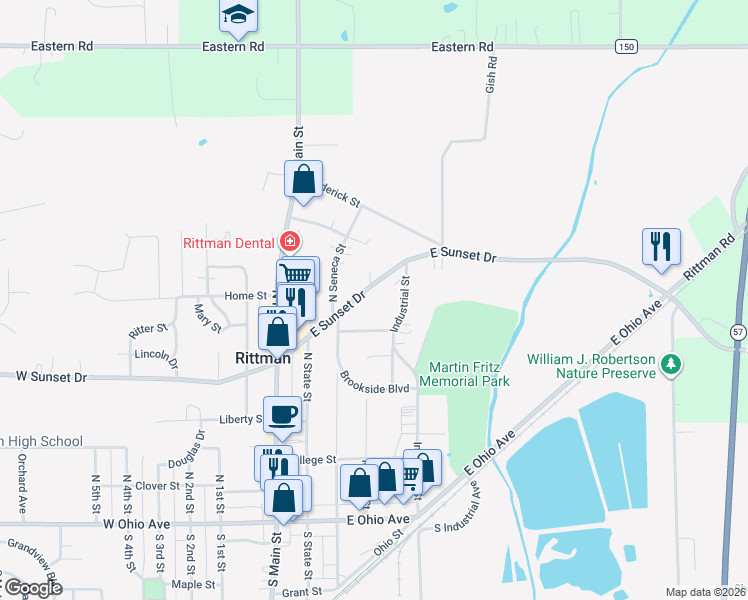 map of restaurants, bars, coffee shops, grocery stores, and more near 140 East Sunset Drive in Rittman