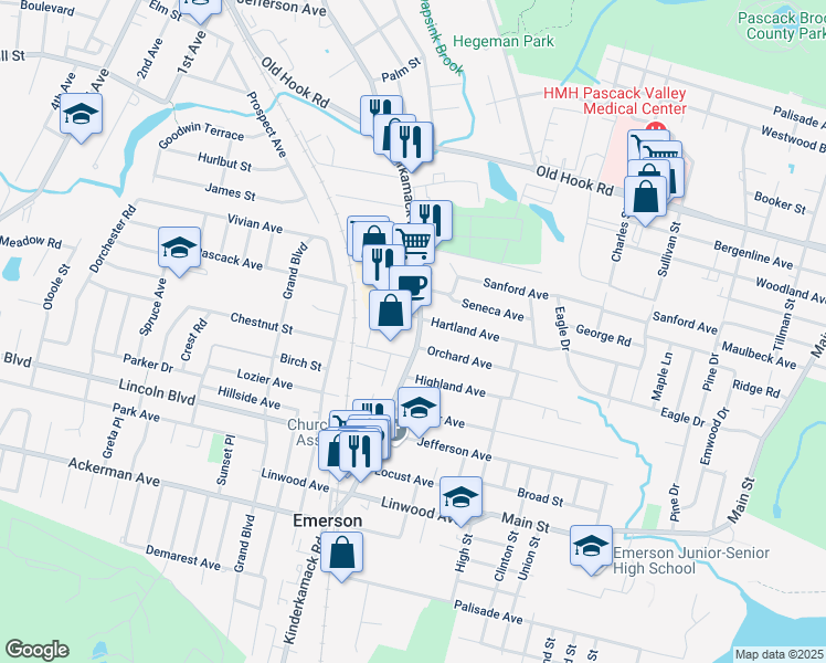 map of restaurants, bars, coffee shops, grocery stores, and more near 318 Kinderkamack Road in Emerson