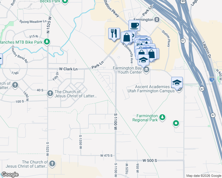 map of restaurants, bars, coffee shops, grocery stores, and more near 28 South Rio Grand Avenue in Farmington